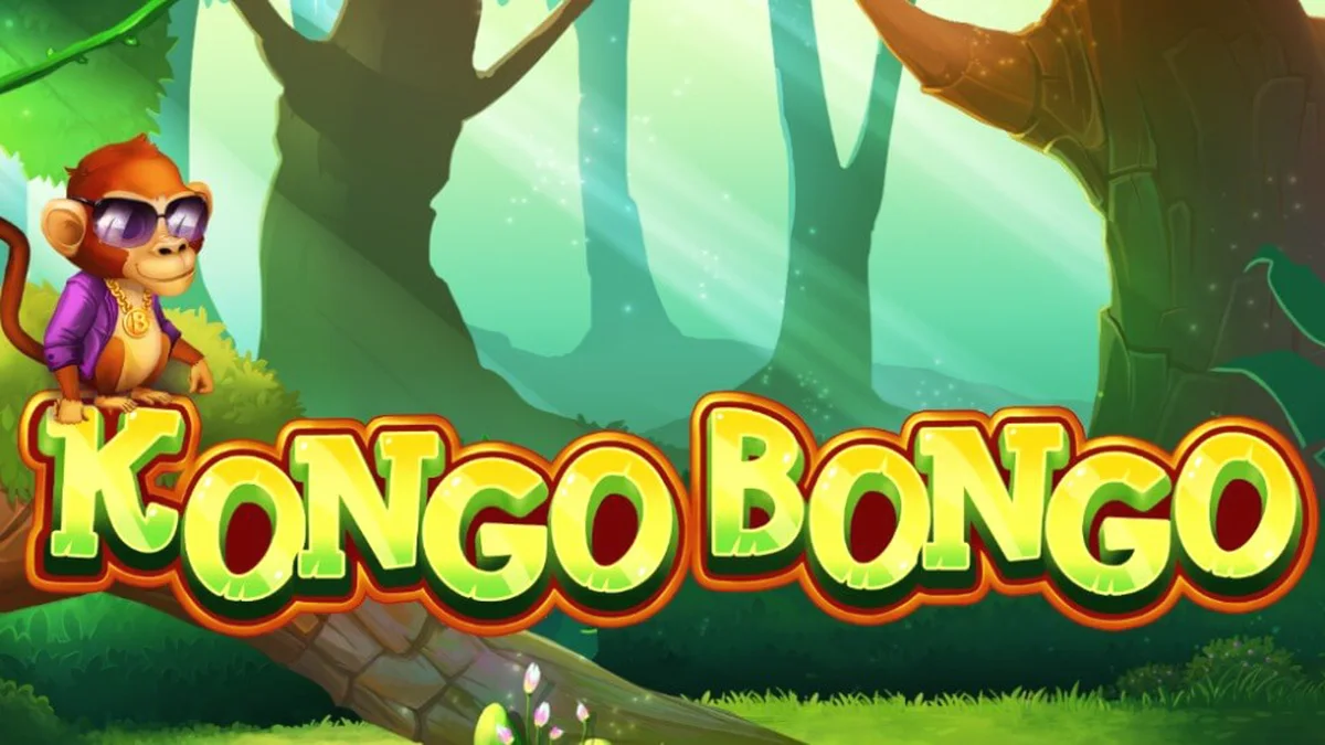 Cena vibrante da selva no slot Kongo Bongo com o gorila e símbolos tropicais