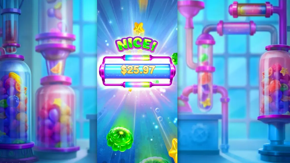 Interface de jogo do slot Sweet Burst com elementos de laboratório e doces coloridos