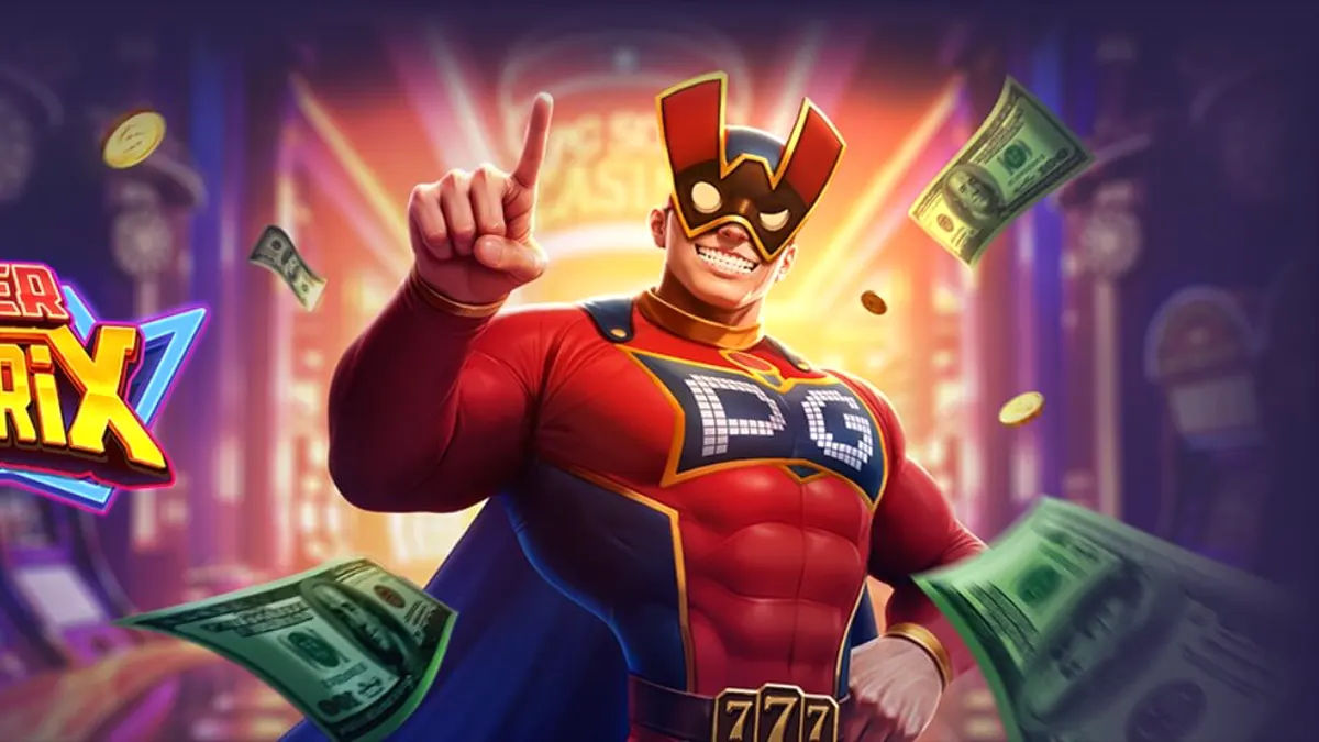Interface do jogo Super Wildrix em um dispositivo móvel exibindo o herói e símbolos neon.